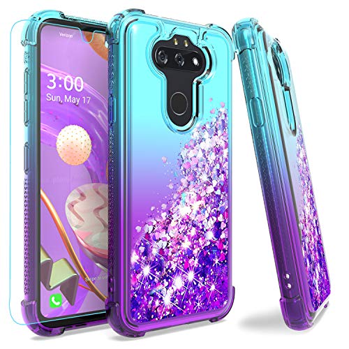 M MAIKEZI Compatible with LG Aristo 5 Plus/K8X/Phoenix 5/Fortune 3/Risio 4/K31 case,with HD Screen Protector Gradient Quicksand Glitter Bling Flowing Liquid Protective Cute Case (Teal Purple)