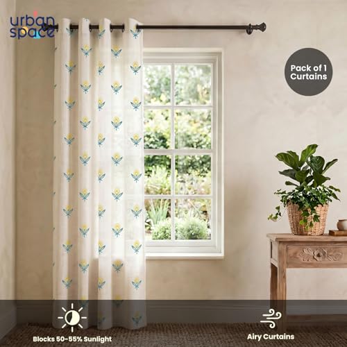 Image of Urban Space Cotton Sheer Curtain pack of 1, Embroidered Semi Transparent Window Curtains 5 feet for Living Room, Bedroom & Balcony, 1 Pc Curtain with Eyelets and Tieback (Saanjhi Yellow Teal - 5 feet)