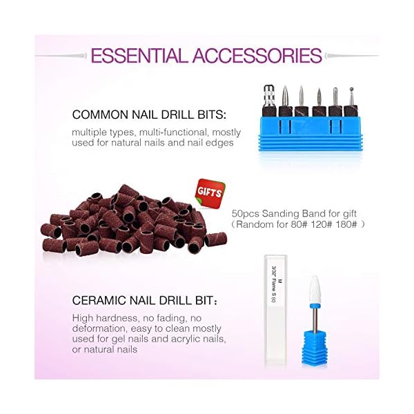 Nagelfräser Elektrisch Set, AZ GOGO Profi 30000u/Min Maniküre Pediküreset Elektrische Nagelfeile für Gelnägel Acrylnägel Kallus Entfernen, Nagelstudio/DIY-Maniküre, mit 7 Aufsätzen & 55 Schleifbänder – Bild 5