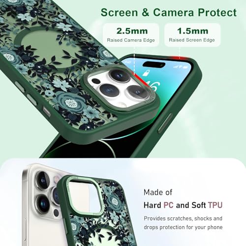 Image of Magnetic for iPhone 14 Pro Max Case with for Women, Green Flower | Pretty Floral Pattern Design [Compatible with MagSafe] Shockproof Slim Translucent Matte Non-Slip Protective Cover