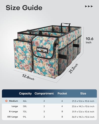 Image of HOTOR Trunk Organizer - Foldable Car Organizer for SUVs & Sedans Storage | Sturdy Car Organization for Men & Women, Car Accessories Tools, Sundries, Blue Flower, 2 Compartments, 21.3 inch x 12.6 inch x 10.6 inch