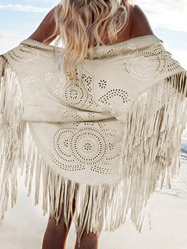 CHOiES record your inspired fashion Women's Suedette Cut Out Asymmetric Fringed Cape Kimono Blue Blouse with Tassel3