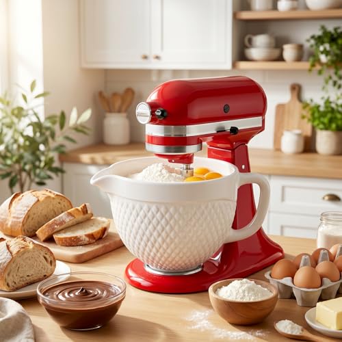 Image of COFUN Ceramic Mixer Bowl for KitchenAid 4.5-5 Qt Tilt-Head Stand Mixers | Mixing Bowl with Handle & Pour Spout, Oven /Microwave /Dishwasher Safe