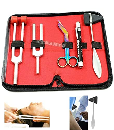 Premium Student Diagnostic Kit- Reflex Hammer & Tuning Fork Set C 128 And C 512 + Wartenberg Pinwheel Premium Steel Bandage Scissor 7.5” (Set Of 5 Rainbow Scissors Reusable Penlight)