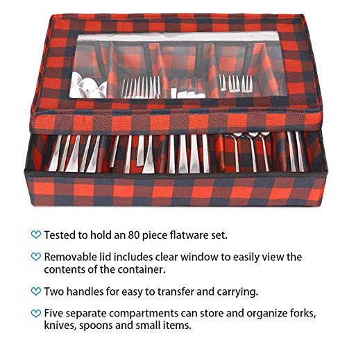 Flatware Storage Chest, Cutlery Container Box,Utensils Holder, Silverware Tray, Kitchen Knife Drawer Organizer, 5 Compartments, Removable Lid, Transparent Window,2 Handles and Large Capacity - Thumbnail 2