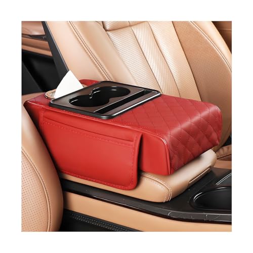 Image of Car Armrest Cushion, 5-in-1 Nappa Leather Vehicle Centre Console Cover with 2 Storage Pockets, Cup Phone & Phone Holder, Multifunctional Auto Organiser Accessories, Universal Fit (Wine Red)
