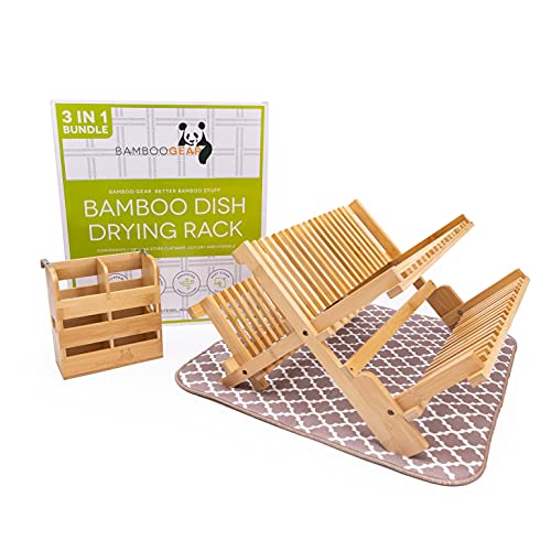 All-in-1 Bamboo Dish Drying Rack with Utensil Holder and Microfiber Drying Mat Set. Large Collapsible 3 Tier Wooden Dish Drying Rack Bamboo Utensil Drying Rack and 15" Dish Drying Mat.