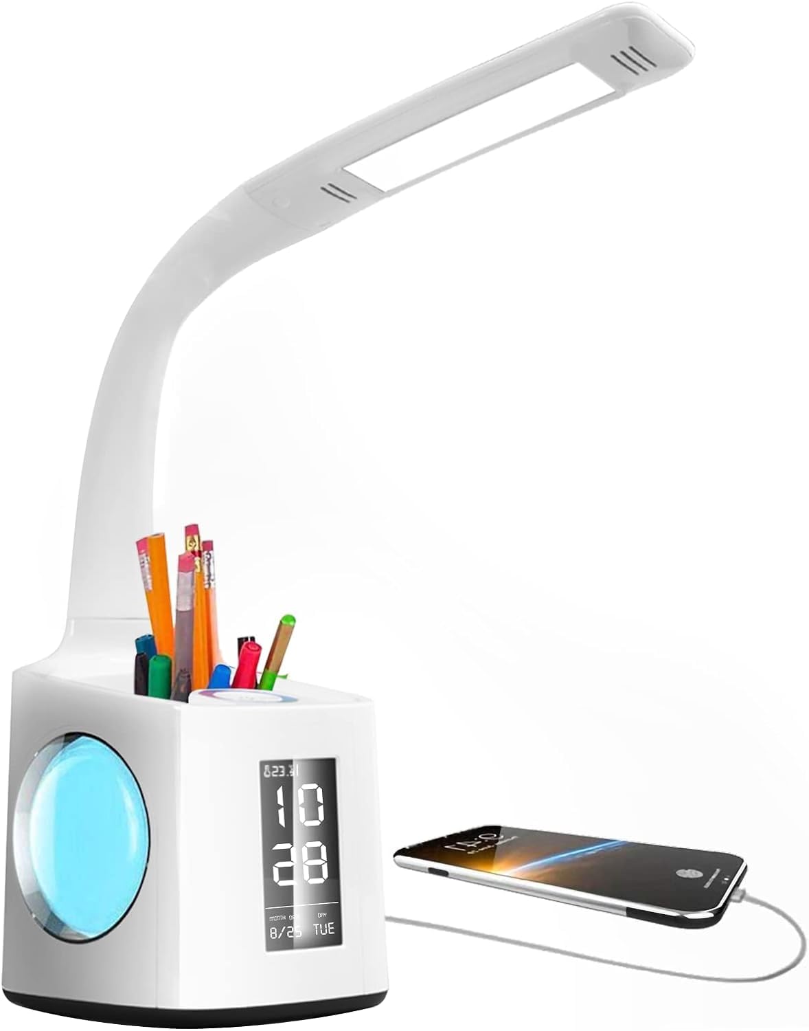 Lámpara de escritorio LED lámpara de lectura de 10 W para el cuidado de los ojos, lámpara de mesita de noche con cuello de cisne táctil campo/pantalla LCD, reloj despertador, detección de temperatura