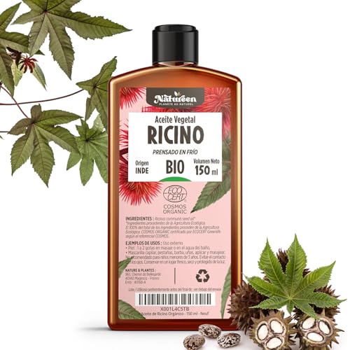 Aceite de Ricino Orgánico 150 ml - Cabello, Barba, Pestañas, Uñas - 100% Puro, Natural y Prensado en Frío - Certificado Cosmos Organic