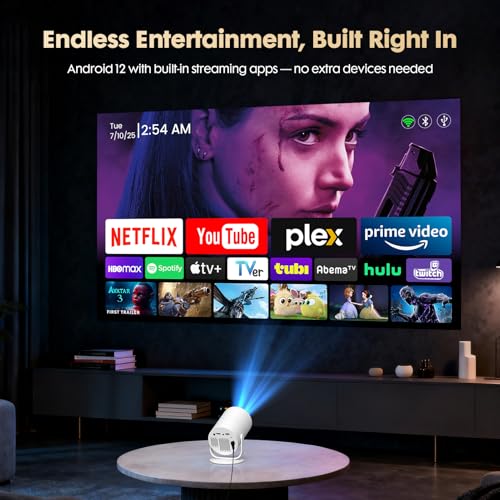 Image of Mini Projector with Android 12 & Built-in Apps, Electric Focus Portable Movie Projector, 1080P Support, WiFi & Bluetooth, 180 Rotatable, Compatible with Smartphone, HDMI & USB