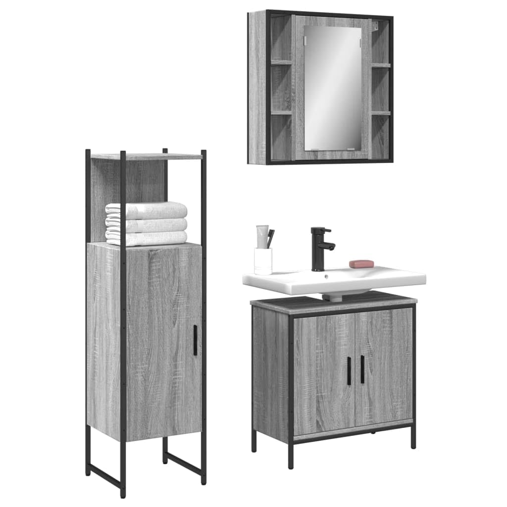 SYDE Set Mueble Baño 3 Piezas Gris Sonoma | Armario con Espejo, Estante Inferior, Acero Resistente, Patas Ajustables