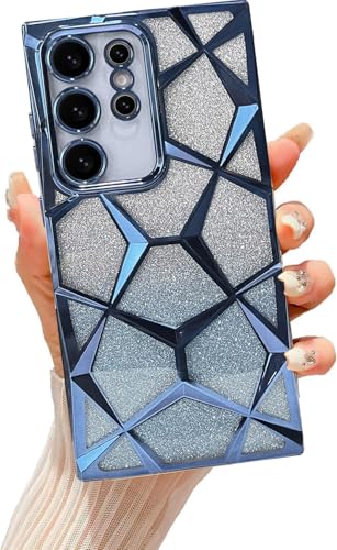 Image of VONZEE Gradient Glitter Clear Case for Samsung S25 Ultra, Luxury Electroplated 3D Cube, Diamond Bling Shiny Soft TPU Clear Shockproof Women Girls Protective Phone Cover (Sierra Blue)