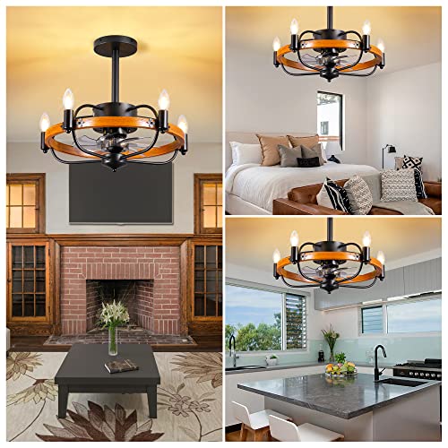 Osgner 20" Farmhouse Ceiling Fan With Light And Remote Control, Black Bladeless Candle Chandelier Ceiling Fan, Vintage Caged Ceiling Fan Lights Fixture For Living Room, Reversible Ceiling Fan #TOP1