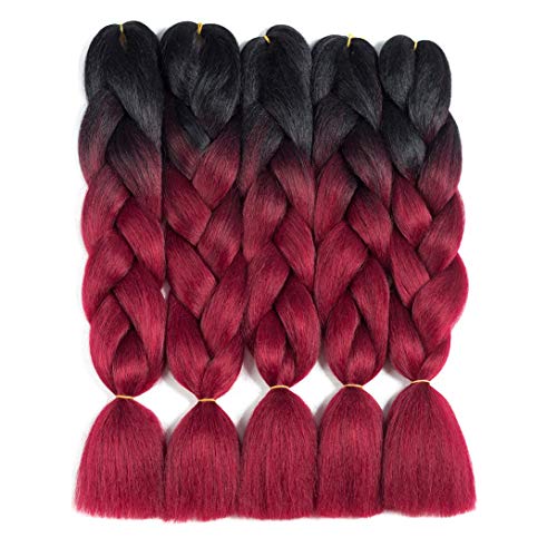 RN BEAUTY Ombre Braiding Hair 5 Bundles Synthetic Jumbo Braids Hair Extensions High Temperature Fiber Afro Crochet Twist Weave Hair 24 Inches 500 Gram (Black/Burgundy)