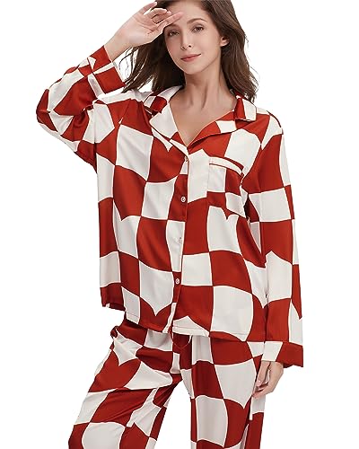 Image of YiNi LuLu Womens Silk Satin Pajamas Set Button Down 2 Piece Pjs Long Sleeve Oversized Sleepwear with Pockets