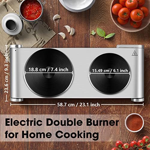CUSIMAX Electric Hot Plate, Portable Hob Two Ring Electric Hob, 1500W + 1000W Cast Iron Double Burner Hot Plates for Cooking, Compatible for All Cookwares, Stainless Steel, Silver