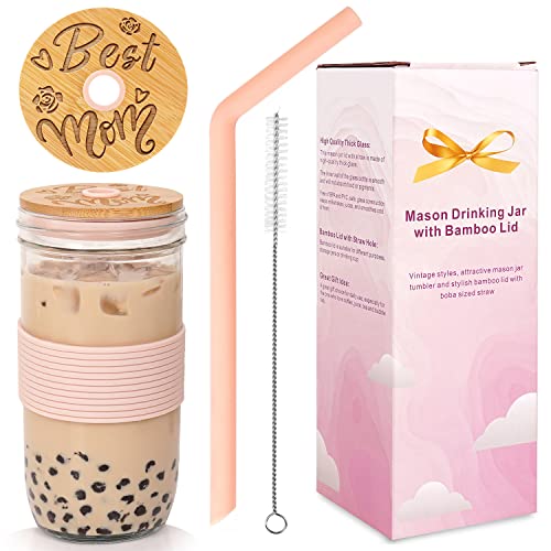 Mothers Day Gifts, Best Mom Ever 24oz Wide Mason Jar with Lid and Straw Novelty Mothers Day Gifts from Daughter Son Birthday Gift for Mom New Mom Gift with Exquisite Box Packing, Pink Straw