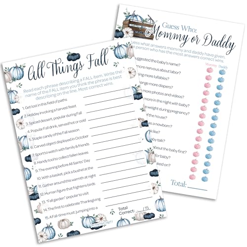 DISTINCTIVS Blue Little Pumpkin Boy Baby Shower Games - Guess Who Mommy or Daddy and All Things Fall Trivia (2 Game Bundle) - 20 Cards, Fall Baby Shower
