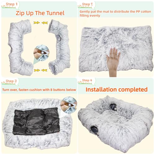 XxingSheep 4 Cave Shuttled XL Cat Tunnel Bed for Indoor Cats Peekaboo Toy Donut with Warm Mat, Pinkish White