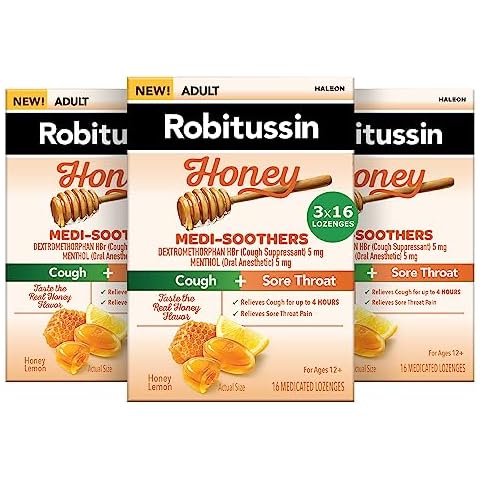 Robitussin Medi-Soothers Honey Lemon Throat Lozenges, Long-Lasting Cough + Sore Throat Pain Relief - 48 Count (3 x 16ct Packs) Cover