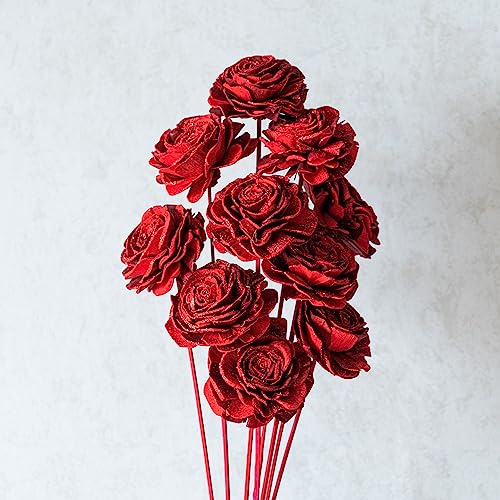 Image of Red Roses Table Decoration, Vase Filler, Home Dcor, Gifts | 10 Sticks of Rose | Natural Wood Sola