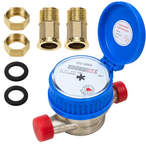 Zevmi Wasserzähler Garten 1/2 Zoll - 15mm Gartenwasserzähler 0-30℃ 1.5m³/h | Kaltwasserzähler Set mit Schutzabdeckung und Messingverbinder Digitalanzeige & Zeiger für Haus & Garten