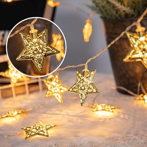 Image of Xenith 14 LED Decorative Star Shape Golden Metal String Lights Fairy Lights Decorative Lights for Diwali Christmas Home Marriage New-Year Festivals Decoration Lighting (Warm White, 3.5 Meter)