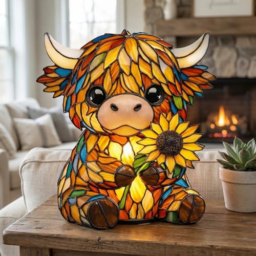 Highland Cow Night Light LED Handcrafted Stained Glass Highland Cow Night Lamp USB Powered Resin 3D Animal Ornament Light for Home Office Bedroom Bookshelf Cow Lovers 4.3x5.7Inch