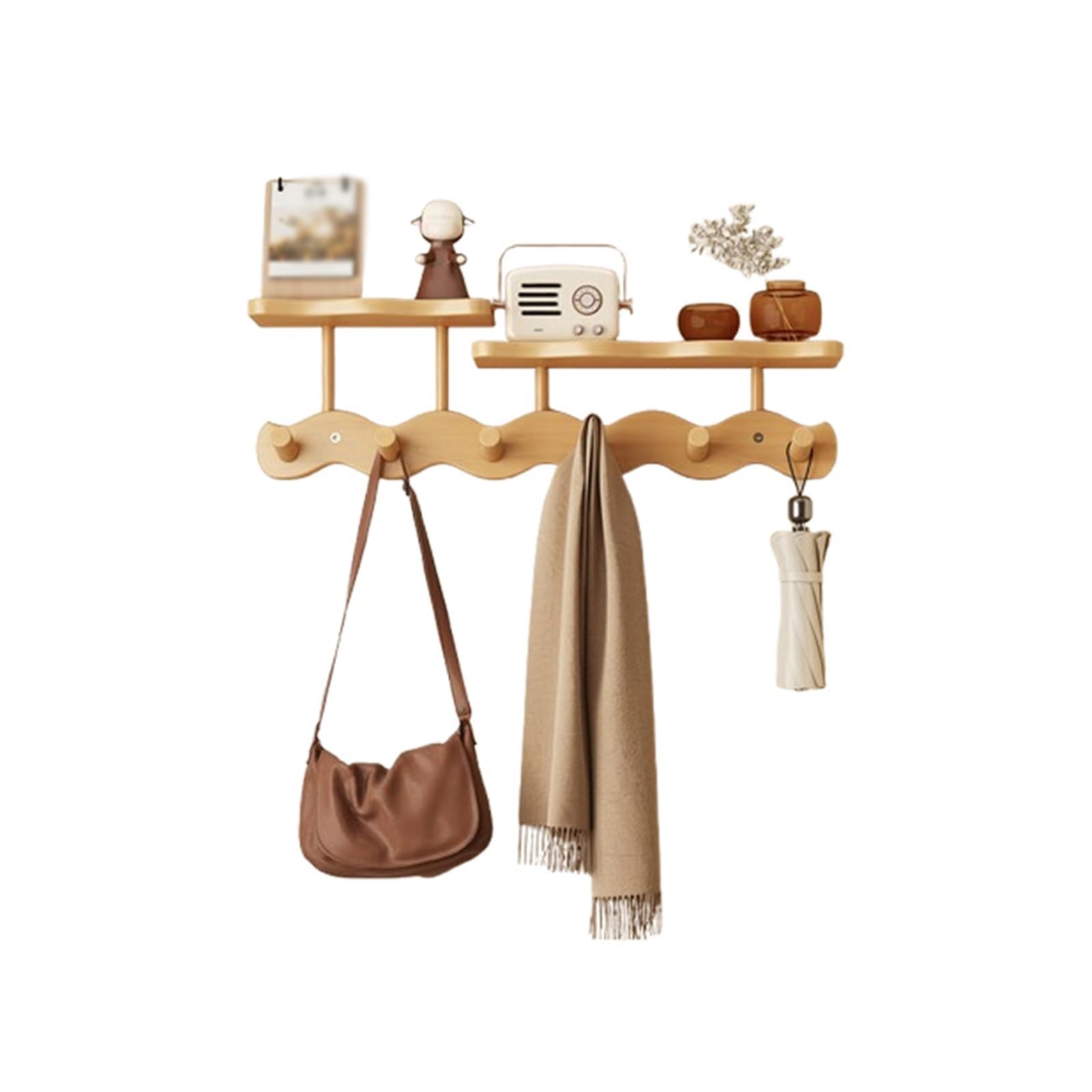 FGXHHS Wall Coat Rack, Wooden Hooks with Shelf, Multi Hook Racks, Hanging Shelving Dual and Key Hooks, for Bathroom, Bedroom, Kitchen, Living Room, Mudroom(Wooden,YES6)