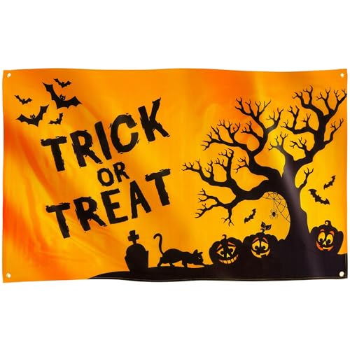Image of Happy Halloween Flag, Trick or Treat Halloween Decorations, 91x152cm, 3ft x 5ft, Halloween Banner, Eyelet In Every Corner, Premium Flags, Inside, Outside, Vivid Colours