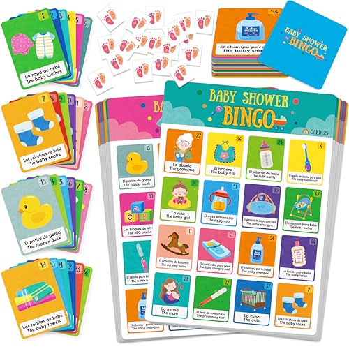 Gethelud Baby Shower Bingo Game 25 Bilingual Spanish & English Bingo Cards for Gender Reveal Party Baby Shower Game Favors Supplies Decorations for Adults (25 Players)