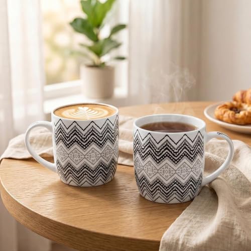 Image of U.P.C. Ceramic Coffee Tea Mugs Set of 6, Printed Tea Cups with Handles, Coffee Cups for Home & Office, Grey Chevron Zigzag Print, Stylish Drinking Cups for Tea, Coffee & Hot Beverages