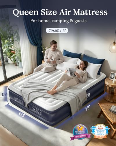 Image of VOSSER Queen Air Mattress with Built-in Pump, 13 inch Raised Blow Up Inflatable Mattress Queen, Heavy Duty 800lbs Luxury Comfort Air Bed for Home, Guests & Camping, Thick Self-Inflating Bed