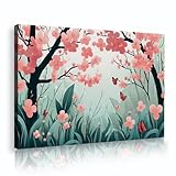 グリーンボタニカルジャングルキャンバスウォールアートピンクピーチブロッサムバタフライキャンバスプリントアートベッドルームリビングルーム風景壁装飾写真70x105cmインナーフレーム