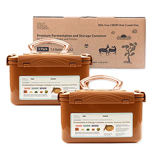 Image of Crazy Korean Cooking Premium Kimchi, Sauerkraut Fermentation and Storage Container with Inner Vacuum Lid, Sandy Brown 1.3 Gal (5.2L) 2 PACK