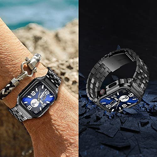 Image of SUPLINK Stainless Steel Case Bands Compatible with Apple Watch Series 11 Band /Apple Watch Series 10 Band 46mm, Metal Rugged Protective Bumper Case for iWatch Bands Men, Black
