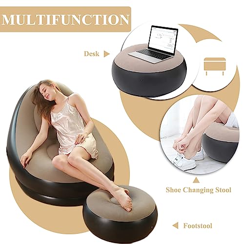 Image of PVC Inflatable Deck Chair with Air Pump, Lounger Sofa for Indoor Living Room Bedroom, Outdoor Travel Camping Picnic Beach Chaise Lounges(Brown 2)