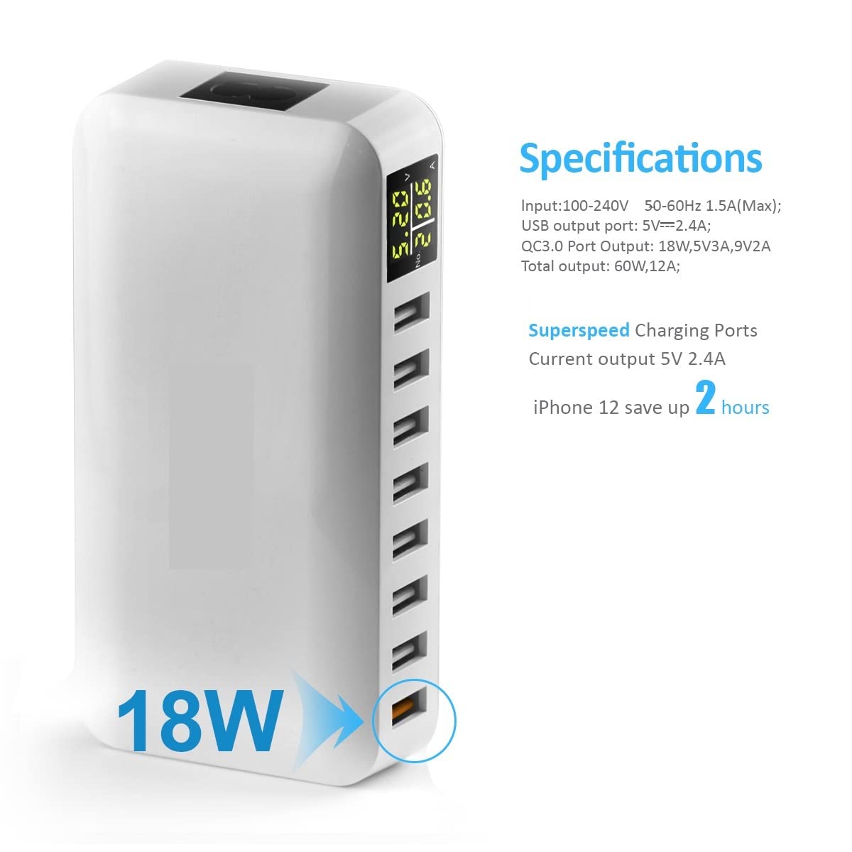 Caricabatterie rapido a 8 Porte 60W QC3.0 con Stazione di Ricarica for Cavo, Tecnologia rilevamento Automatico a Rapida, for Tablet Smartphone, Uso Domestico Caricabatterie Sicuro