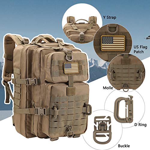 Hannibal Tactical Molle Assault Pack, Tactical Backpack Military Army Camping Rucksack, 3-Day Pack Trip W/Usa Flag Patch, D-Rings, Coyote #TOP3