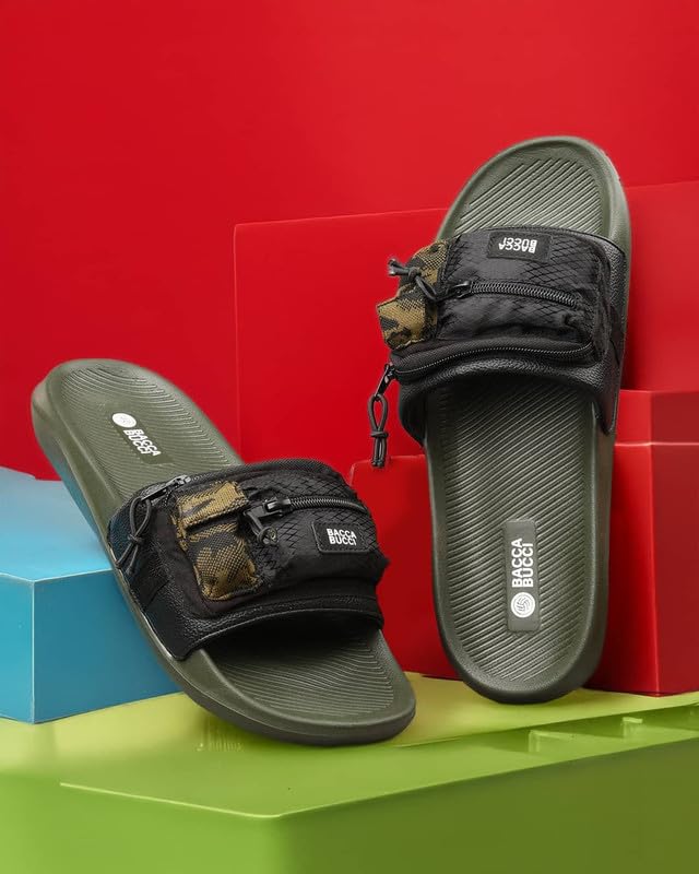 Image of Bacca Bucci Utility Slide for Men | Dual Pocket Slides with Zipper & Velcro Closure | Cushioned EVA Footbed | Casual & Outdoor Slippers