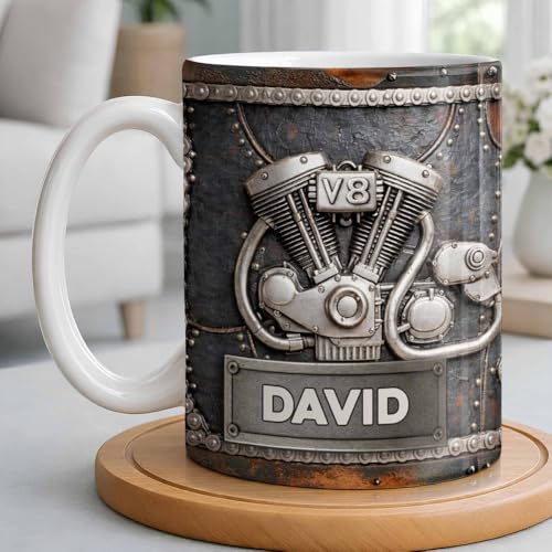 V8 Engine Personalized 3D Ceramic Coffee Mug, Mechanic Coffee Mug with Gears and Tools,...
