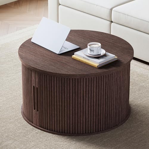 Image of LINSY Lift Top Coffee Table, Round Fluted Coffee Table with Storage, Mid Century Modern Wooden Coffee Tables with Sliding Tambour Door, 31.5 inch Center Table for Living Room, Office, Small Space, Walnut