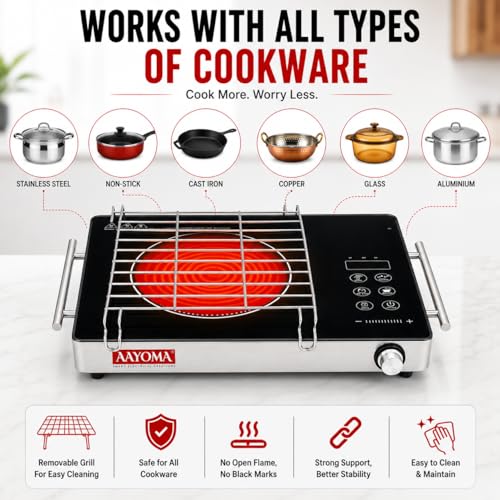 Image of 2200W Infrared Cooktop Stove with Grill and Overheat Protection, Crystal Glass Plate with Steel Handle Bars, Digital Display, Touch Control & Knob Control, Infrared Hot Plate | 1 Year Warranty