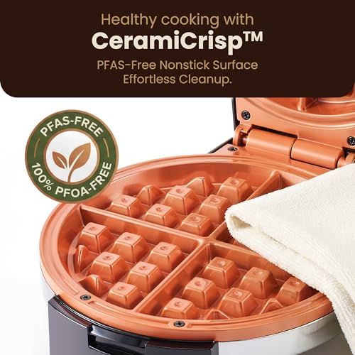 Image of Elite Gourmet Belgian Waffle Maker, Ceramic Nonstick, 1100W Stainless Steel | PFAS-Free CeramiCrisp Plates, Adjustable Browning Control, Power & Ready Indicator Lights, Vertical Storage