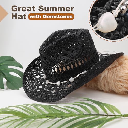 Image of DRESHOW Straw Cowboy Cowgirl Hat for Women Men Western Coastal Cowboy Beach Hat with Shapeable Brim Unisex Rolled up Caps