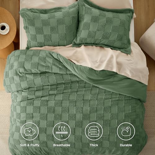 Image of Bedsure King Size Comforter Set Green, Boho Tufted Bed Set, Checkered Farmhouse-Style Distressed Vintage Bedding, 3 Pieces, 1 Plaid Geometric Comforter and 2 Pillow Shams