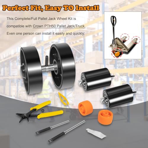 Image of Fit for Crown PTH50 Pallet Jack /Truck Full Wheel Replacement Kit, Pair Steering Wheels 7 inch x 2 inch, Pair Front Load Roller 2.76 inchx 3.74 inch, with Pre-Installed Bearings, Axles, PU Tread, Pins, Entry Roller