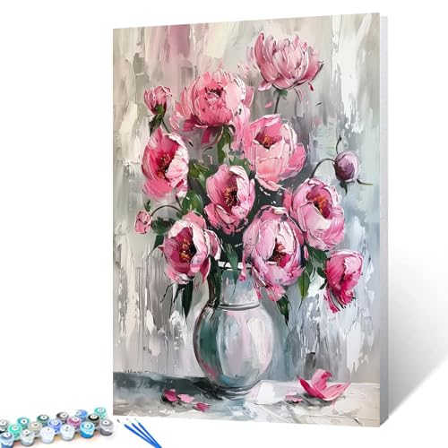Pink Flower Oil Painting Prints Painting by Numbers for Adults,Vintage Oil Painting Style Paint by Number on Canvas for Beginner Leisurely Paintings Artwork for Home Decor With Frame 16''x20''