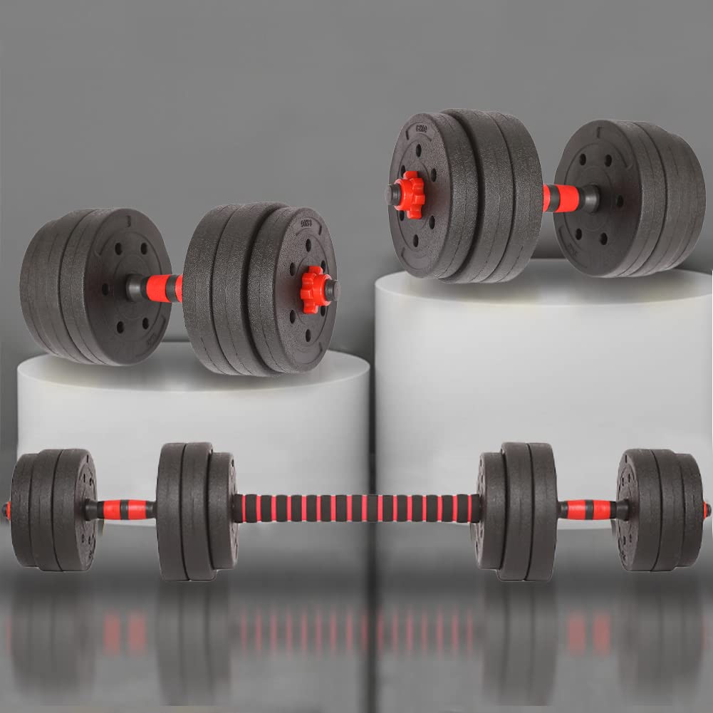 BAKAJI Set 2 in 1 Manubri Regolabili con Barra Bilanciere e 12 Dischi Totale Peso 25kg (4x2.5kg + 4x2kg + 4x1.5kg), Rivestimento Nero e Rosso in Gomma Piuma Antiruggine Antiscivolo, Fitness