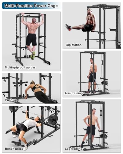 Image of ULTRA FUEGO Power Cage, Multi-Functional Power Rack with J-Hooks, Dip Handles, Landmine Attachment and Optional Cable Pulley System for Home Gym